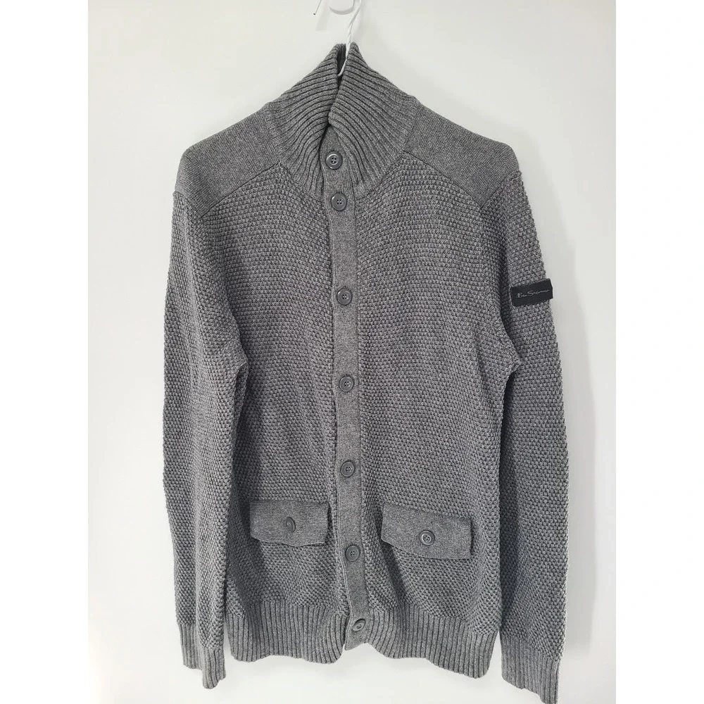 Academia Ben Sherman‎ Men Fishermen Cardigan Sweater XL Gray Wool Blend Preppy